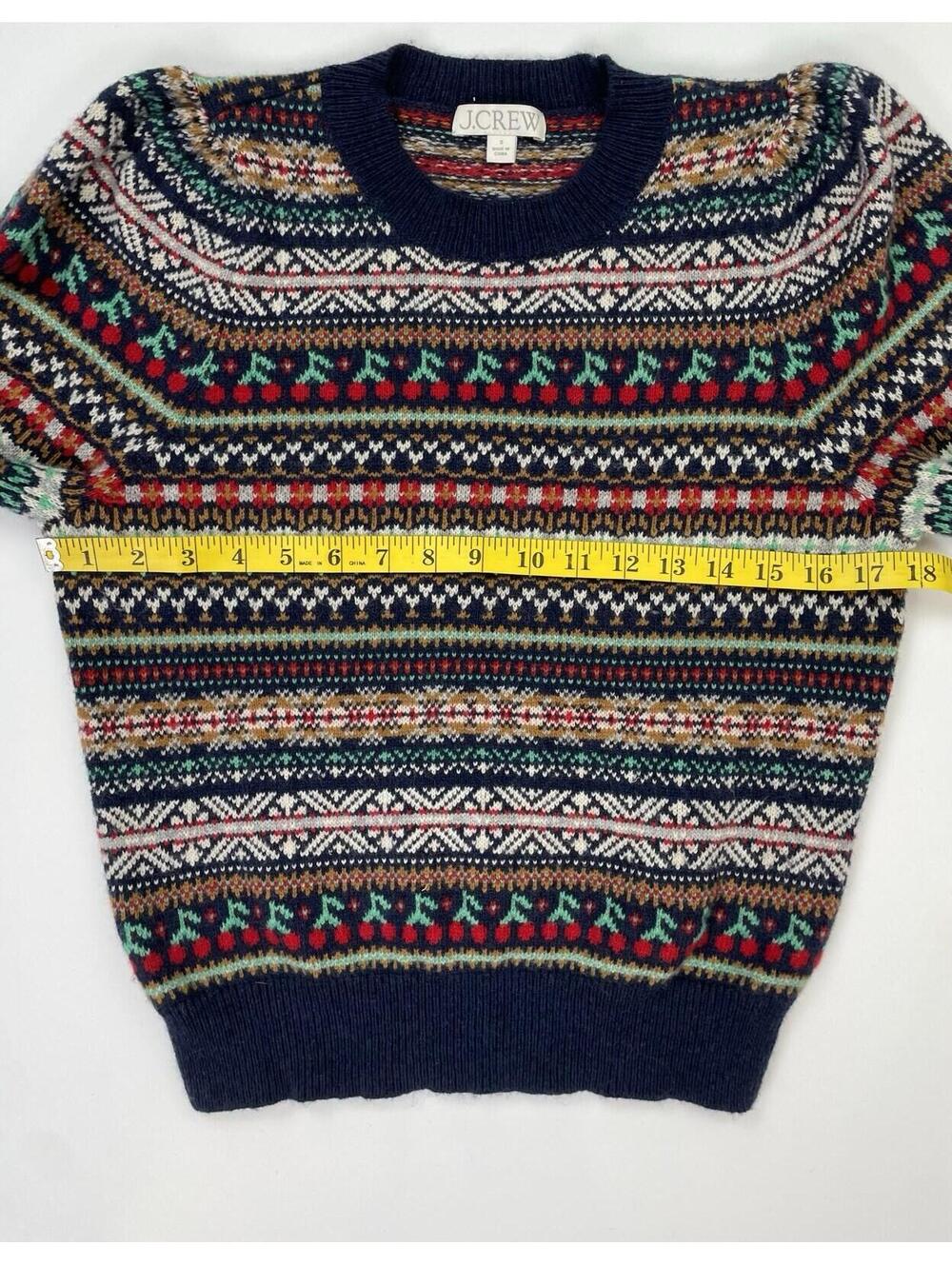 J. Crew Puff Sleeve Fair isle Crew Neck Sweater Navy Cherries Size Small - Picture 7 of 9